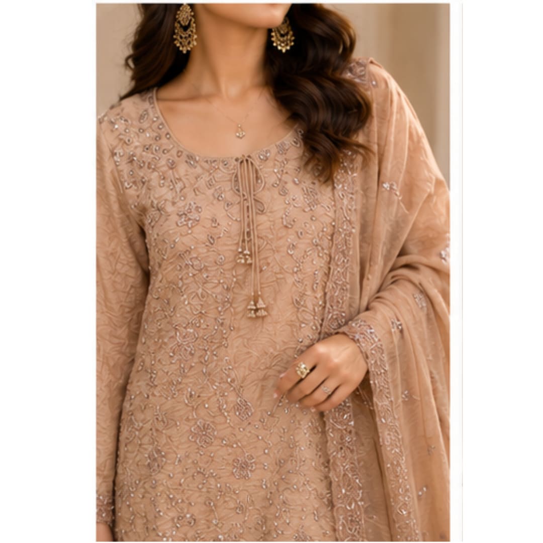 Nude Beige Chiffon Sharara Gown with Floral Threadwork