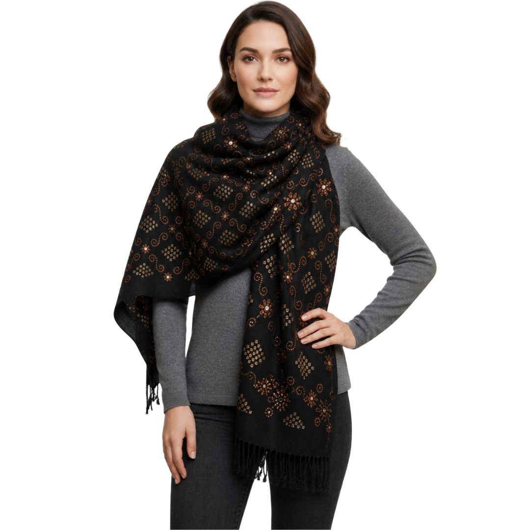 MUDNAAZ Women's Pashmina Shawl with Satin Mirror Work, Elegant Wedding & Evening Wrap, Fashion Scarf, 92 x 205 cm