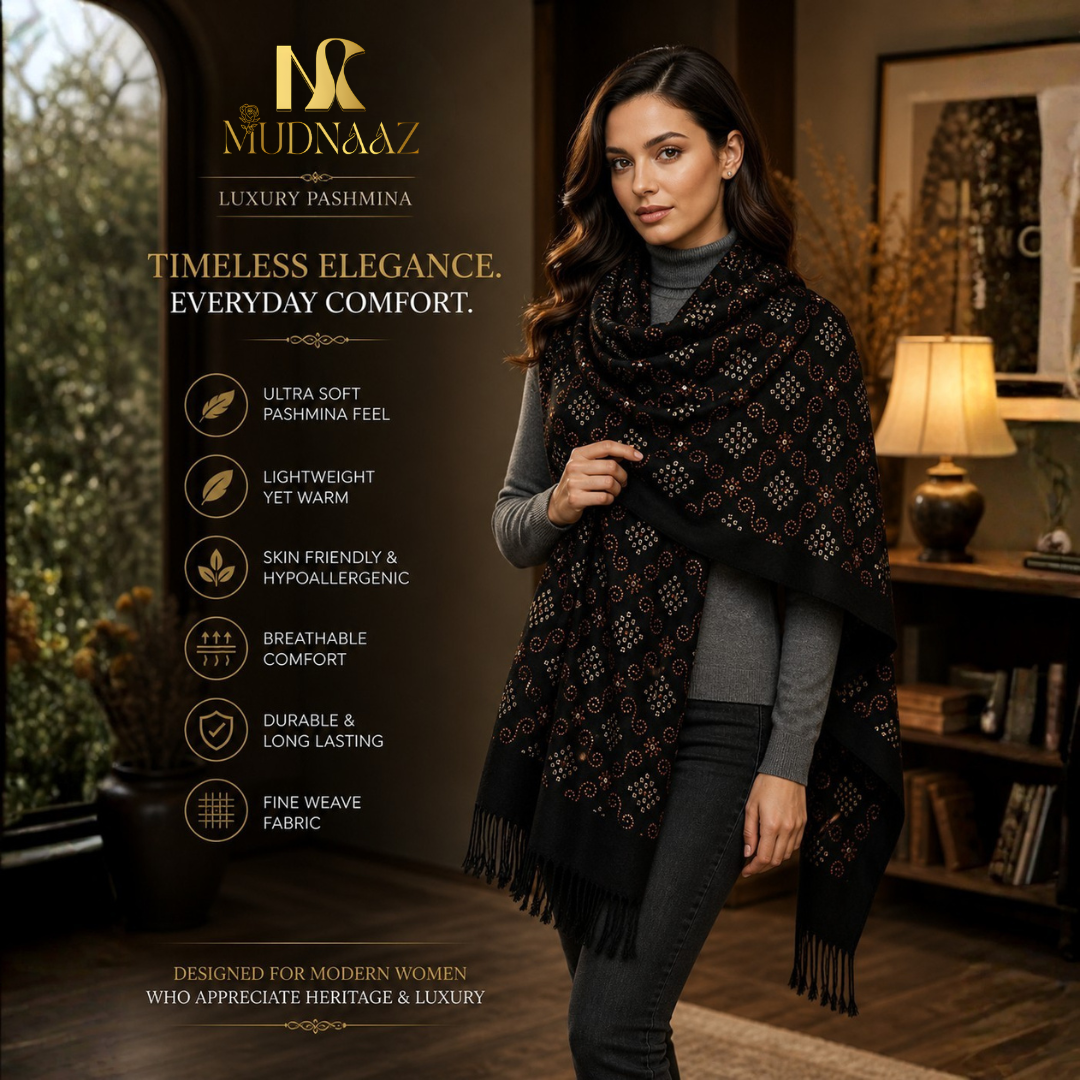 MUDNAAZ Women's Pashmina Shawl with Satin Mirror Work, Elegant Wedding & Evening Wrap, Fashion Scarf, 92 x 205 cm