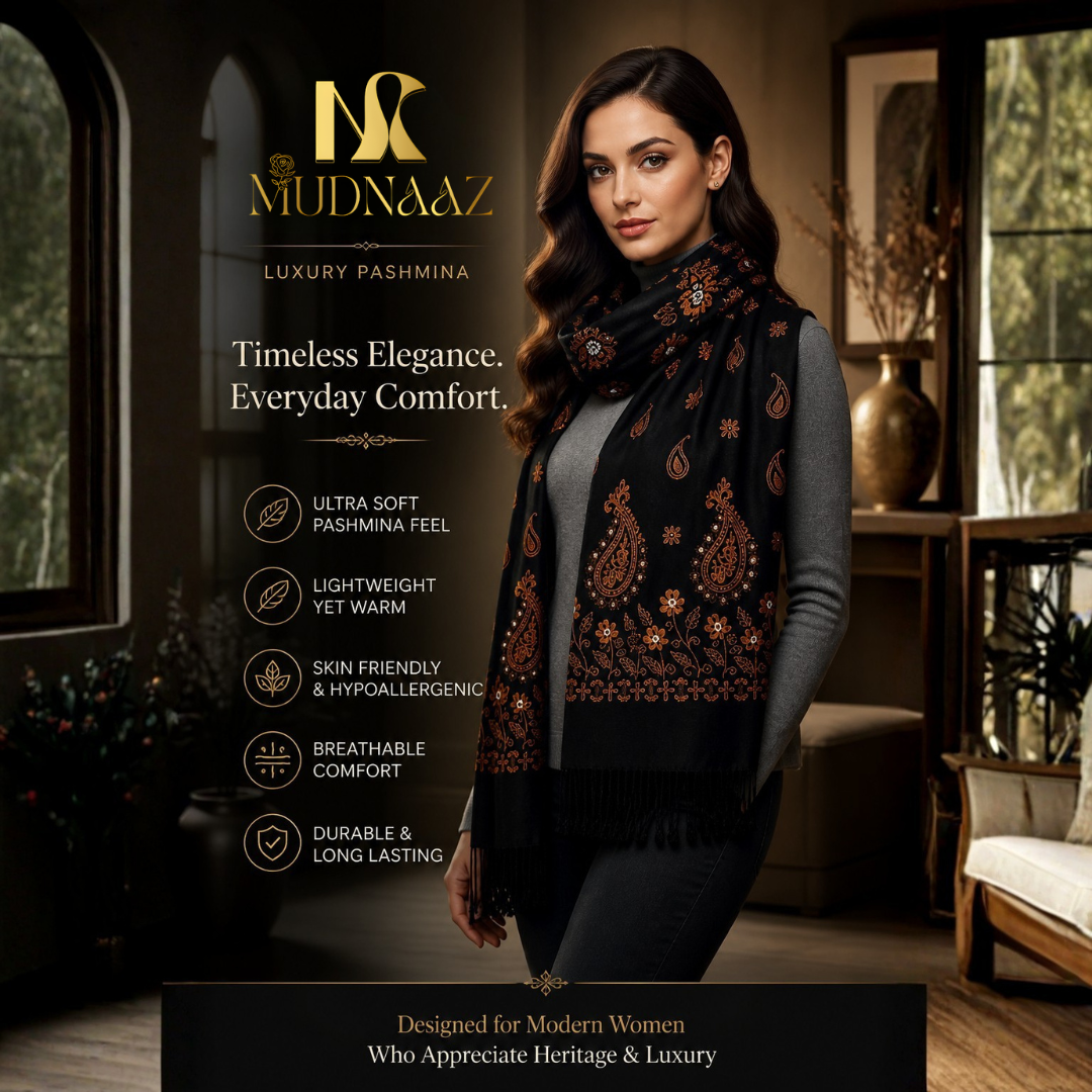MUDNAAZ Women's Pashmina Shawl with Satin Mirror Work, Elegant Wedding & Evening Wrap, Fashion Scarf, 92 x 205 cm