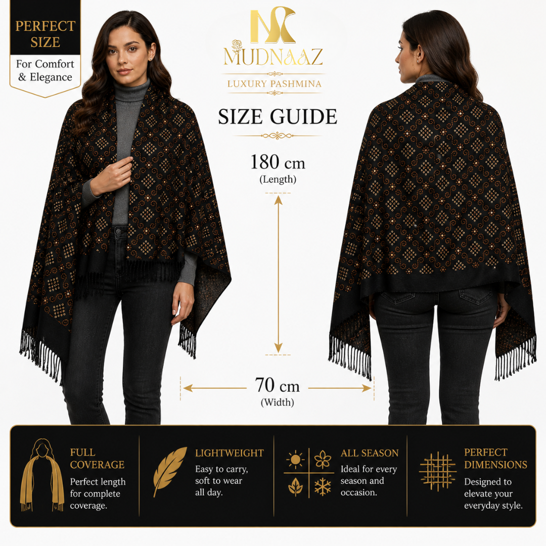 MUDNAAZ Women's Pashmina Shawl with Satin Mirror Work, Elegant Wedding & Evening Wrap, Fashion Scarf, 92 x 205 cm
