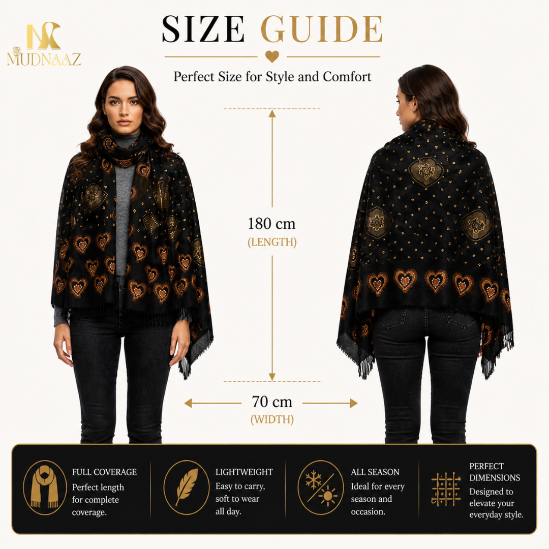 MUDNAAZ Women's Pashmina Shawl with Satin Mirror Work, Elegant Wedding & Evening Wrap, Fashion Scarf, 92 x 205 cm