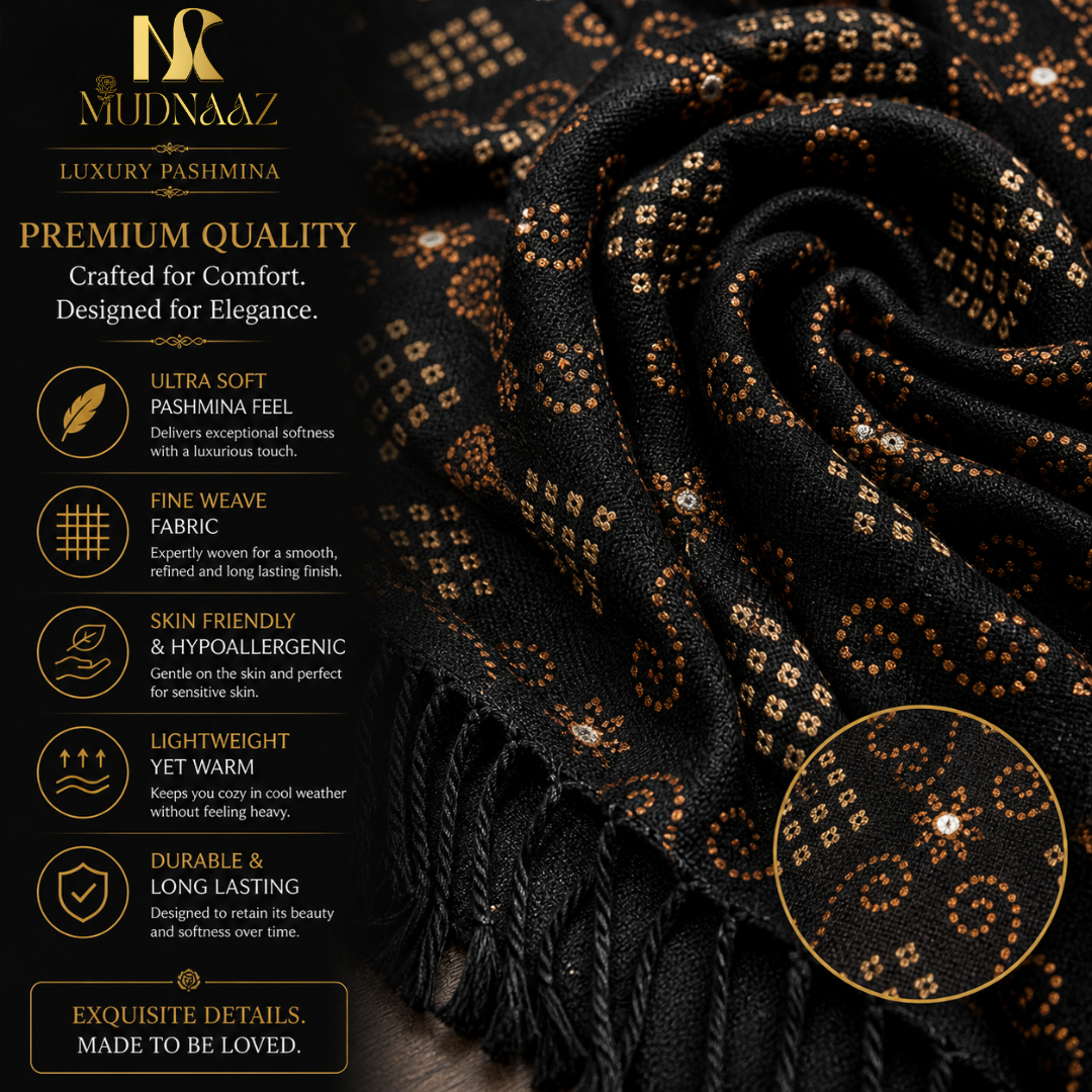 MUDNAAZ Women's Pashmina Shawl with Satin Mirror Work, Elegant Wedding & Evening Wrap, Fashion Scarf, 92 x 205 cm