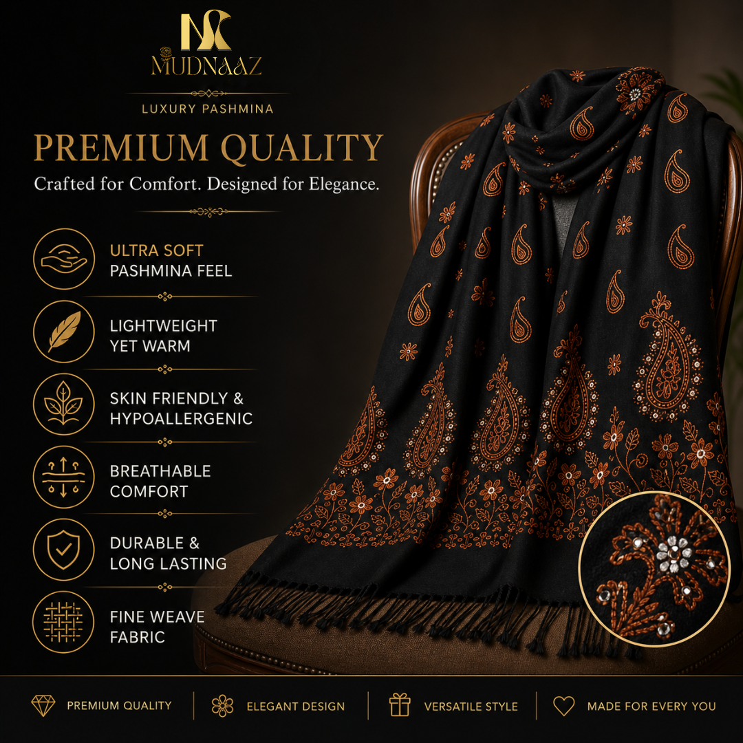 MUDNAAZ Women's Pashmina Shawl with Satin Mirror Work, Elegant Wedding & Evening Wrap, Fashion Scarf, 92 x 205 cm