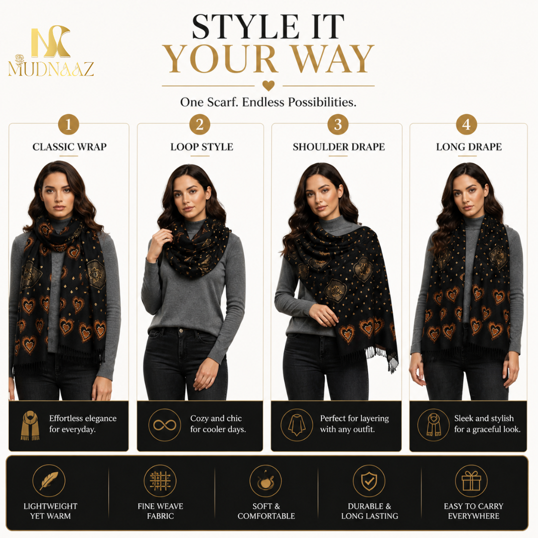 MUDNAAZ Women's Pashmina Shawl with Satin Mirror Work, Elegant Wedding & Evening Wrap, Fashion Scarf, 92 x 205 cm