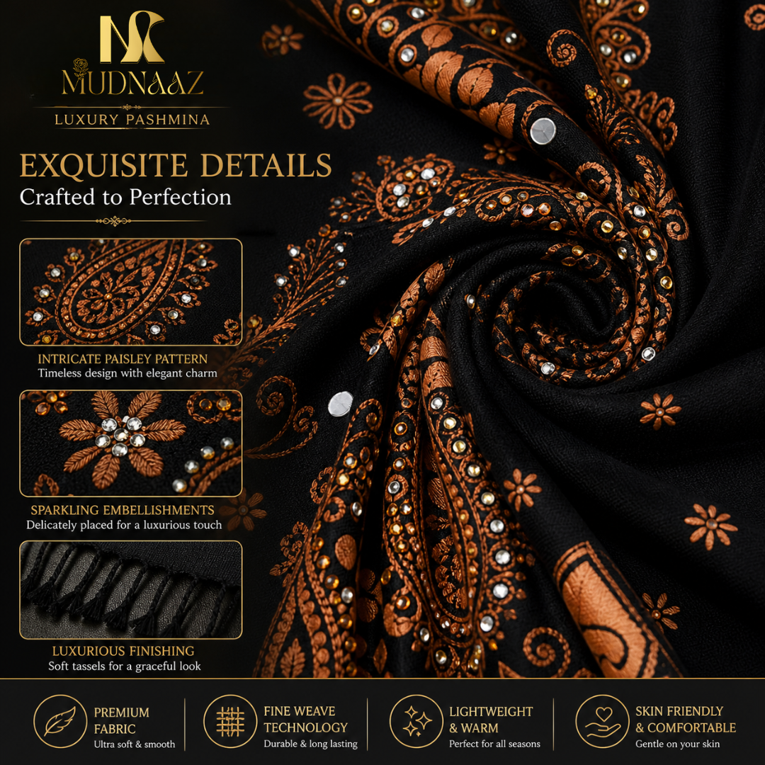 MUDNAAZ Women's Pashmina Shawl with Satin Mirror Work, Elegant Wedding & Evening Wrap, Fashion Scarf, 92 x 205 cm
