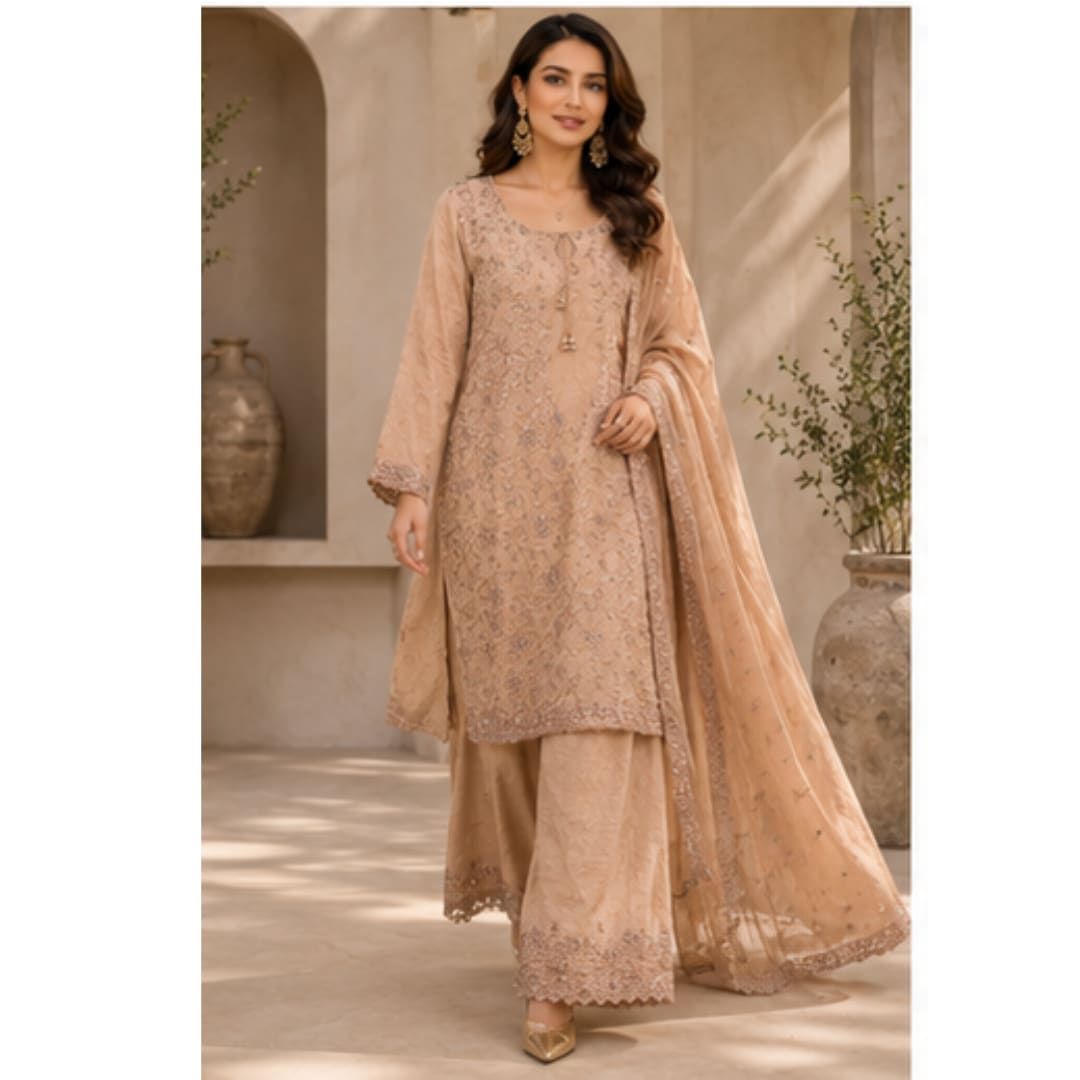 Nude Beige Chiffon Sharara Gown with Floral Threadwork