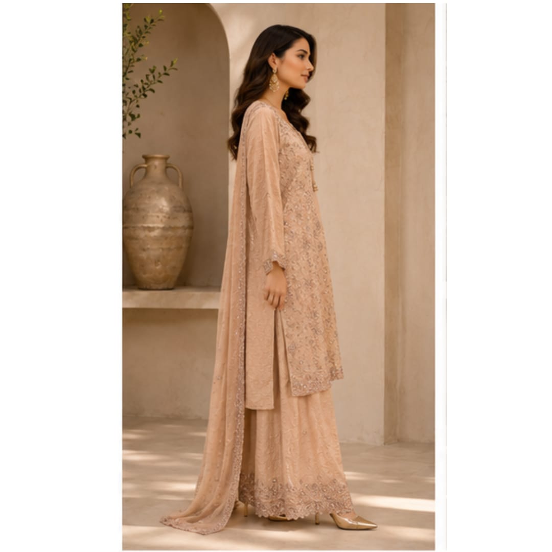 Nude Beige Chiffon Sharara Gown with Floral Threadwork