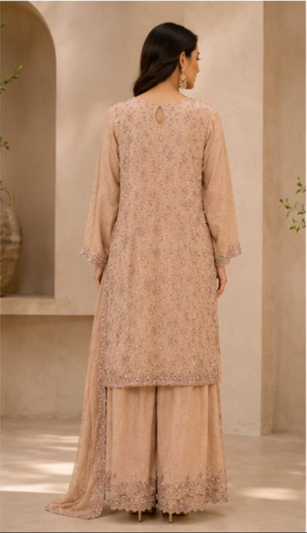 Nude Beige Chiffon Sharara Gown with Floral Threadwork