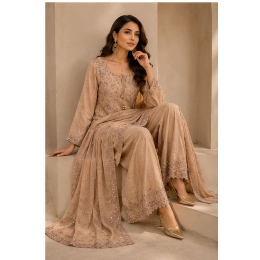 Nude Beige Chiffon Sharara Gown with Floral Threadwork