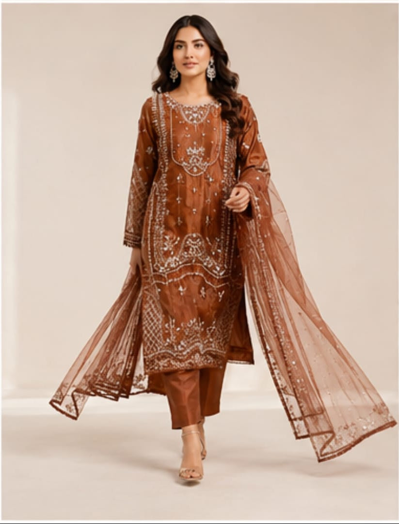 Organza Pakistani Suit with Hand Embroidery