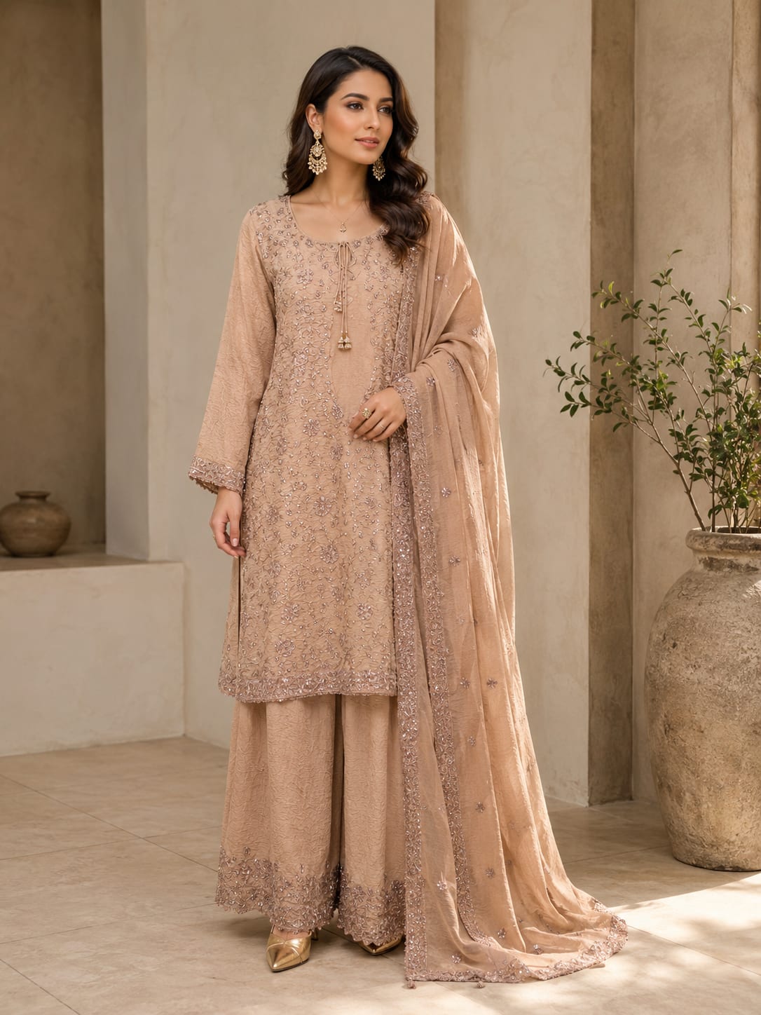 Nude Beige Chiffon Sharara Gown with Floral Threadwork